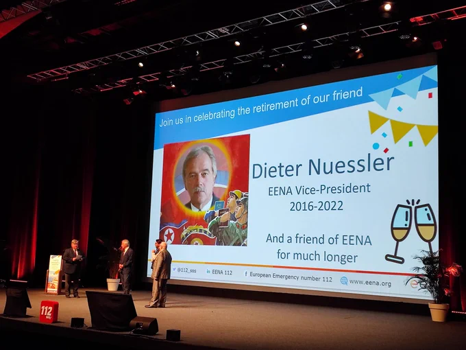 Dieter Nuessler is stepping down as vice president of EENA, and he is recognised during the closure ceremony of EENA Conference 2022
