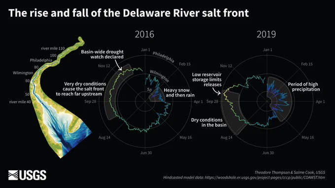 The rise and fall of the Delaware River salt front. Over time, the location of the salt front moves in response to regional weather patterns, sea level rise, and human impacts. The precise location of the salt front in the Delaware River Basin is based on the location in the river where the average chloride concentration is 250 mg/L. Two polar charts show the location of the salt front along the Delaware River in 2016 and 2019. When there is lots of precipitation, as was the case in early 2019, increased flow in the Delaware River pushes the salt front downstream. When conditions are very dry, as was the case in fall 2016, the salt front gradually moves further and further upstream, passing Wilmington, Delaware, and nearing Philadelphia, Pennsylvania. During both years, the salt front is highest upstream, encroaching Philadelphia, during the months of September, October, and November, while located further downstream below Wilmington from Jan – June. 