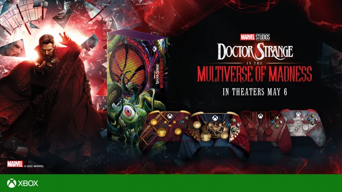 Image shows Dr Strange posing in front of a shattered mirror. Xbox Series S features Gargantos, a giant, green, one-eyed octopus from another dimension. Four controllers featuring Doctor Strange, Scarlet Witch, Sorcerer Supreme Wong, and the America Chavez. Text reads, "Marvel Studios Dr Strange in the Multiverse of Madness in theaters May 6. *No purc necessary, ends 5/18/22"