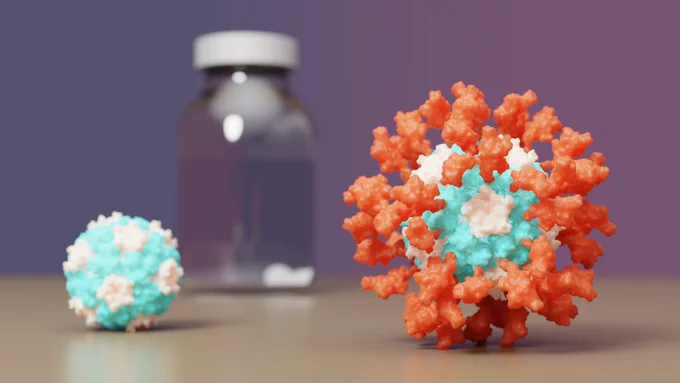 The vaccine, now called SKYCovione, is a tiny ball of protein studded with 60 copies of the SARS-CoV-2 receptor-binding domain (shown in red). Image: Ian C Haydon / UW Medicine Institute for Protein Design
