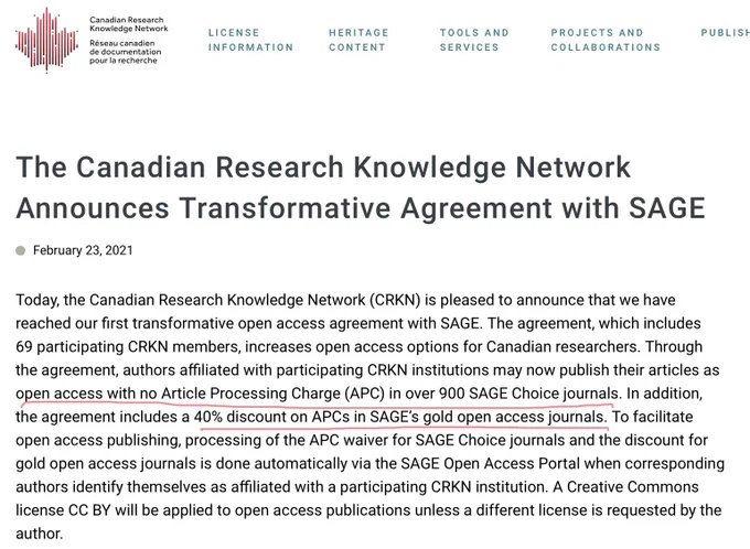 Screenshot of paragraph from Canadian Research Knowledge Network (link in Tweet) underlining “open access with no Article Processing Charge in over 900 SAGE Choice journals” and “40% discount on charges in SAGE gold open access journals”
