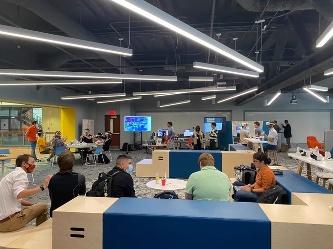 Students showcase their technology innovations during the end-of-semester showcase at the Creativity Commons