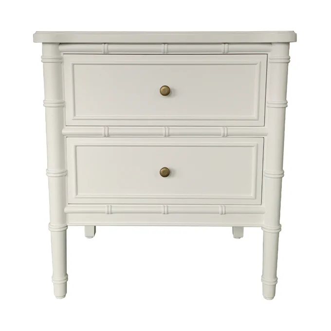 We get new designs!
Painted Bamboo effect bedside table - lovely detailing, two drawers, and smart with any bedroom design