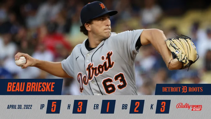 Final pitching line for Beau Brieske: 5 innings, 3 hits, 1 earned run, 2 walks, 3 strikeouts. Inset photo: Brieske in the open side of his right-handed throwing motion