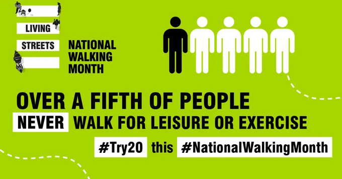 An green infographic with 'Over a fifth of people never walk for leisure or exercise. Try20 this National Walking Month.'