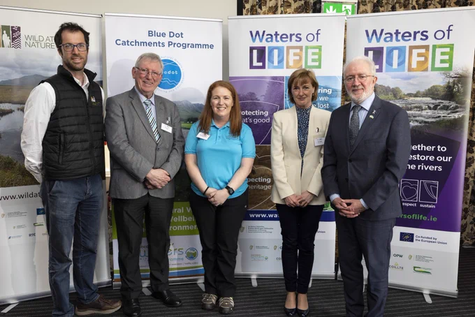 Pictured left to right : Derek McLoughlin, Wild Atlantic Nature; Karl Cashen, LAWPRO; Dr Bernadette White, LAWPRO; Anne Goggin, Waters of LIFE Project Manager; Malcolm Noonan, T.D., Minister of State for Heritage and Electoral Reform