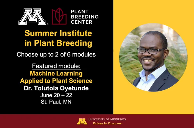 Portrait of Dr. Tolutola Oyetunde.
Plant Breeding Center
Summer Institute in Plant Breeding
Choose up to 2 of 6 modules
Featured module: 
Machine Learning Applied to Plant Science 
Dr. Tolutola Oyetunde
June 20 – 22
St. Paul, MN
