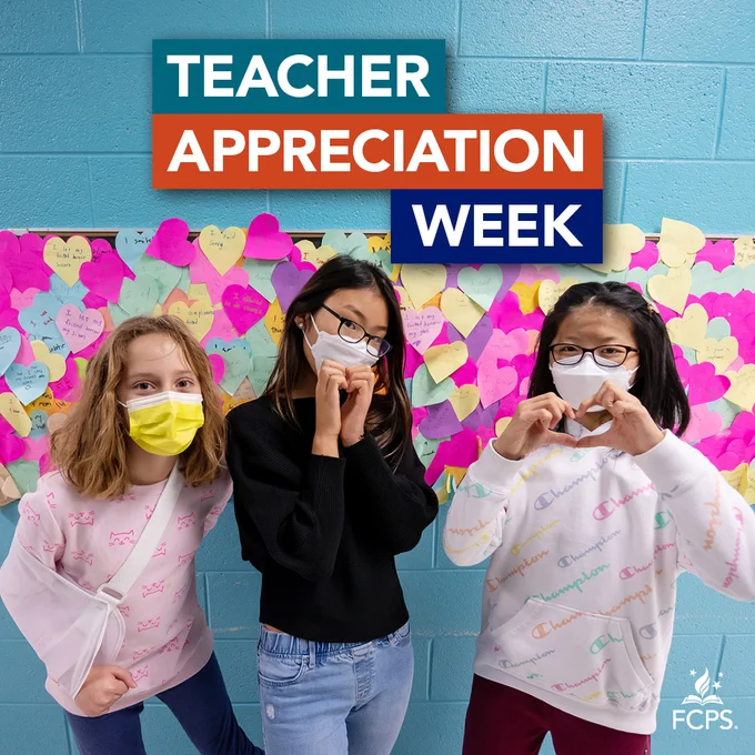 Text "Teacher Appreciation Week" with photo of three middle school aged students holding up their hands in the shape of a heart.