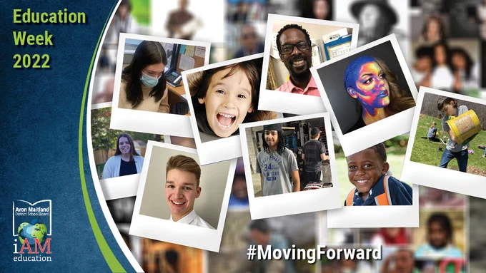 Navy sidebar with text "Education Week 2022" and AMDSB logo. Collage of Polaroid-style photos of AMDSB students and staff. Text #MovingForward