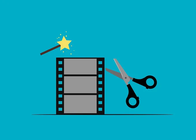 Graphic of a physical film reel being edited by a pair of scissors and a glowing magic wand.