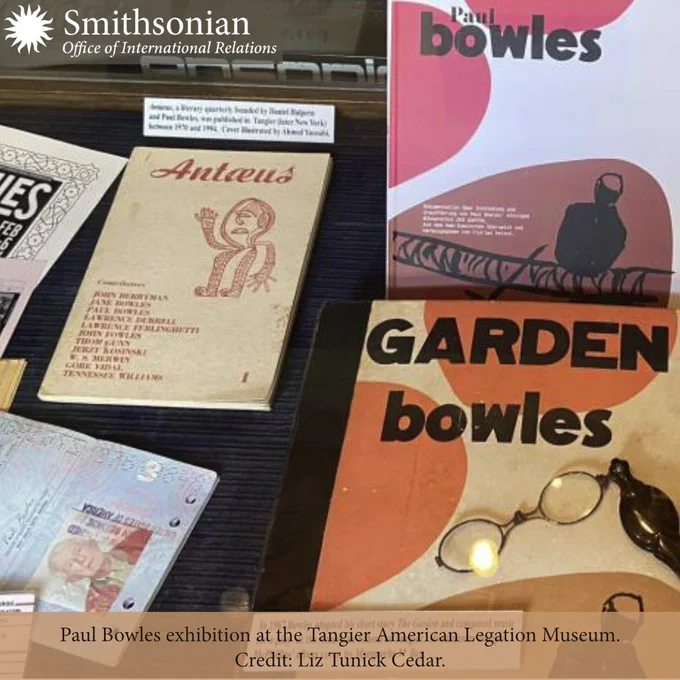 Pamphlets and Books on a table at Paul Bowles exhibition at the Tangier American Legation Museum.