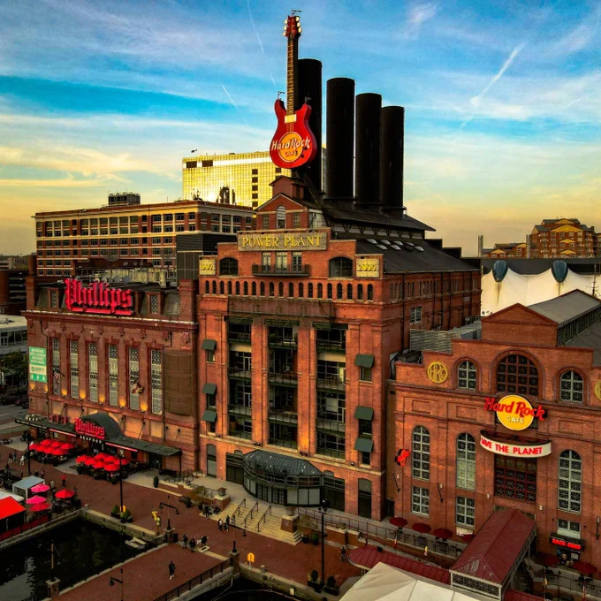 Pratt Street Power Plant. Once indoor Six Flags, once dance club, now Hard Rock Cafe