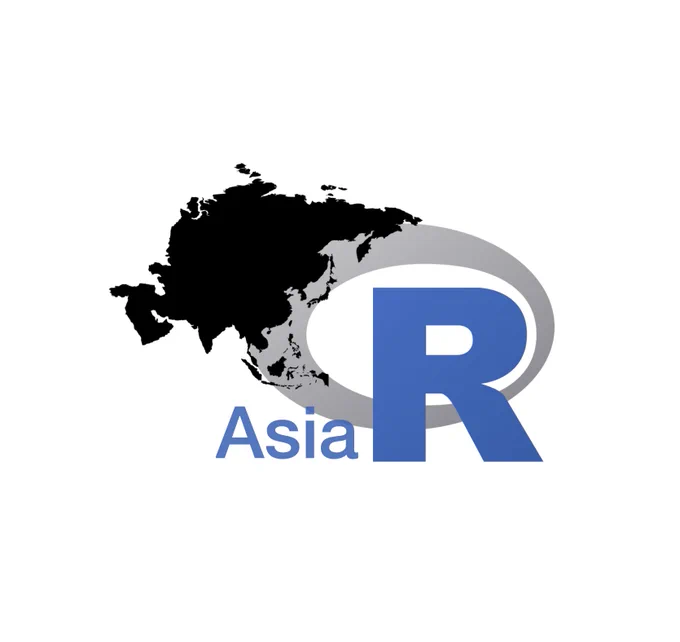 AsiaR logo on a white background -- with blue R logo preceded by 'Asia' in blue. Black silhouette map of Asia in the top left.