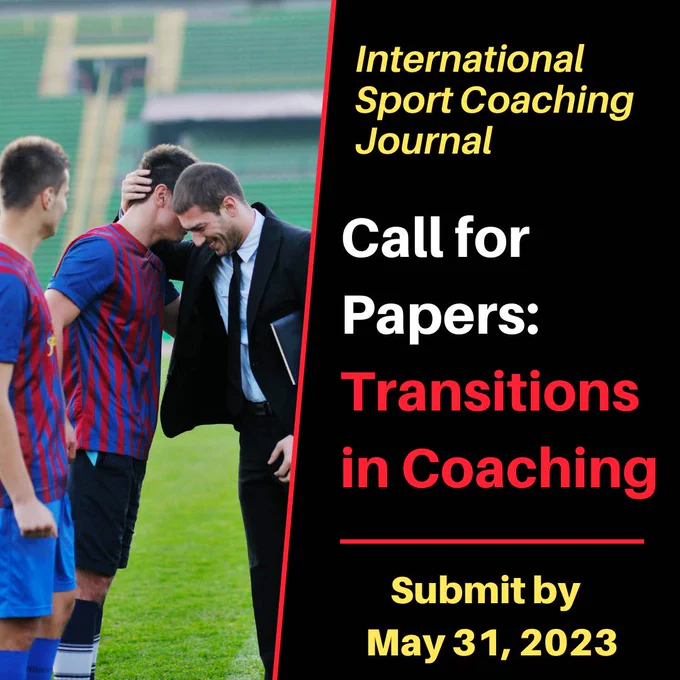 Poster showing a soccer coach hugging one player with another player watching. Text alongside reads International Sport Coaching Journal, Call for papers: Transitions in Coaching. submit by May 31, 2023