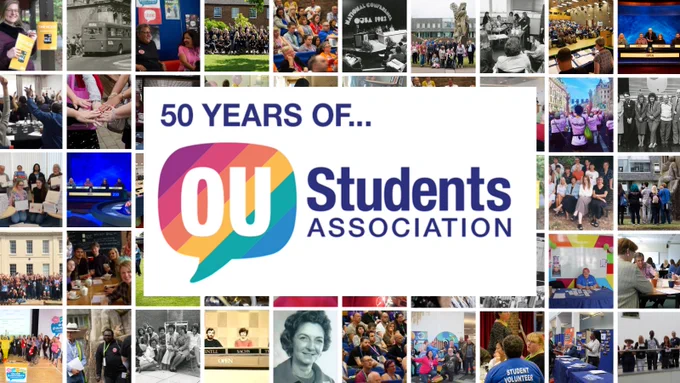 A collage of images from the Association's 50-year past, with '50 years of the OU Students Association' in the centre.