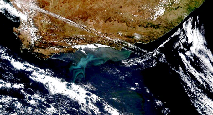 View of the cold ridge upwelling on the Agulhas Bank off South Africa’s south coast collected by MODIS Aqua on 12 December 2018. Credit: NASA Worldview.