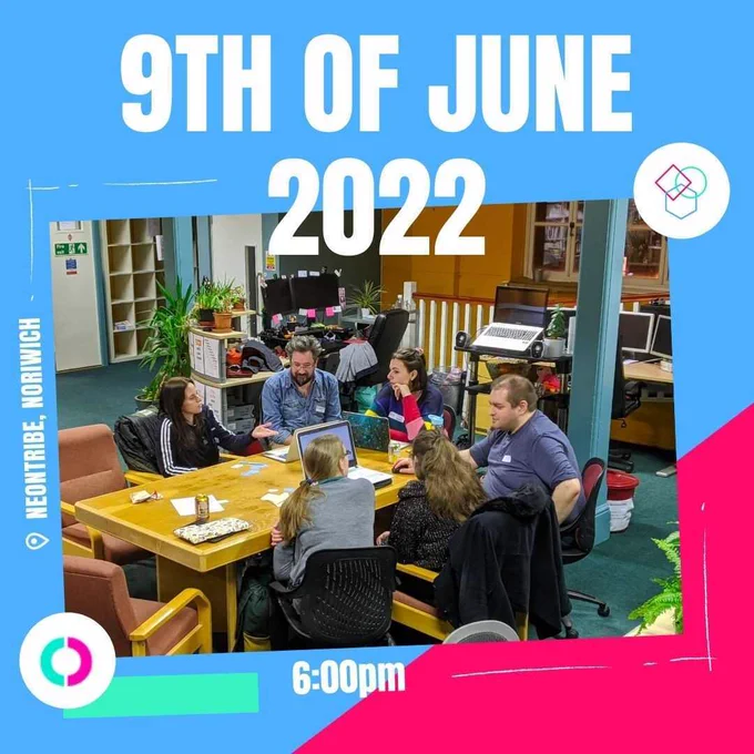 Poster advertising the date of the event, the 9th June 2022 at 6pm, with an image of people coding