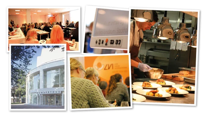Bildkollage som visar Växjö Konserthus utifrån, deltagare på konferens samt mat som serveras i en restaurang.