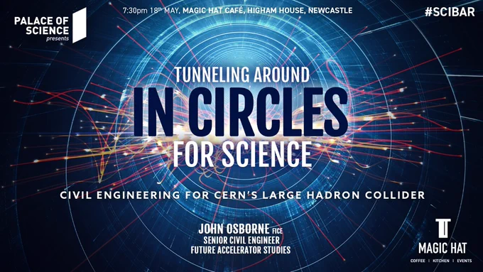 Text reading: 'Tunneling in circles for science' on a blue and black background with a particle collision in the middle represented by orange lines streaming out of the center 