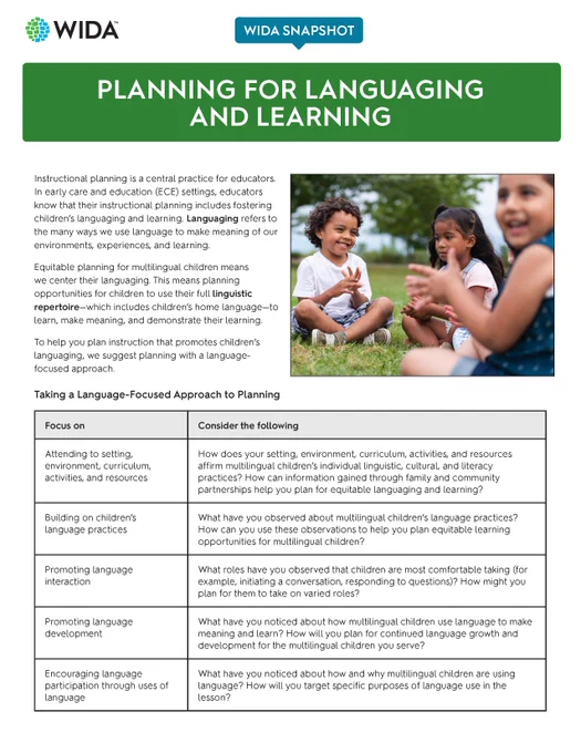 screenshot of page 1 of WIDA Snapshot including title Planning for Languaging and Learning