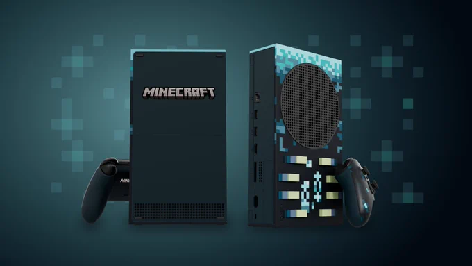 A teal and dark blue-green Xbox Series S modeled after Minecraft's Deep Dark biome with matching controller.