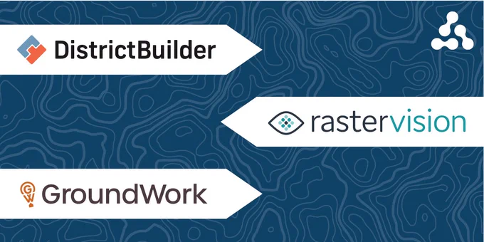 Image displaying the DistrictBuilder, GroundWork, and RasterVision logos. It also includes the Azavea logo.