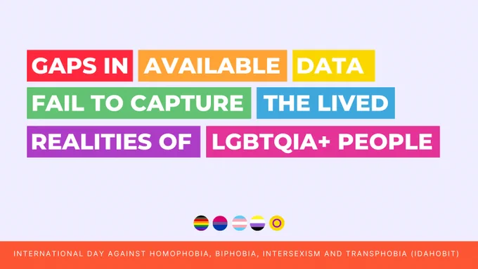 Rainbow coloured text reads "Gaps in available data fail to capture the lived realities of LGBTQIA  people." There are five flags at the bottom - the rainbow flag with a brown and black strip, the bi flag, the trans flag, the non-binary flag and the intersex flag. 