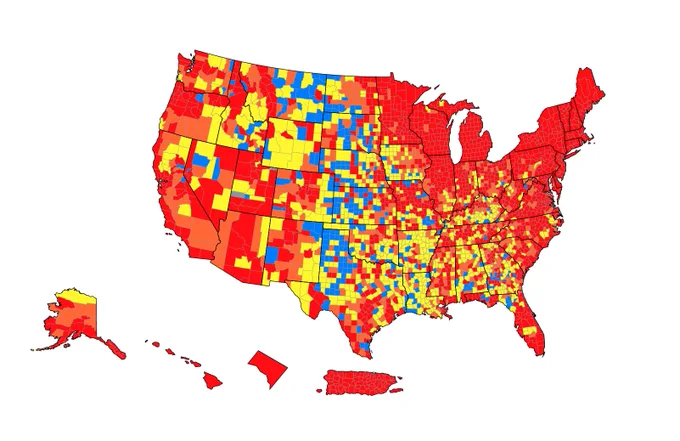 CDC COVID transmission map showing the majority of US counties in red (high transmission)