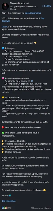 post LinkedIn du CEO de Shopify qui explique leur recrutement en mode battle royale.