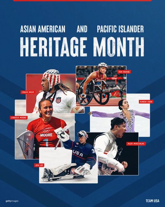 Photos of Folau Niua, Carissa Moore, Jen Lee, Alex Massialas, Karen Chen and Yen Hoang all competing for Team USA with text "Asian American and Pacific Islander Heritage Month."