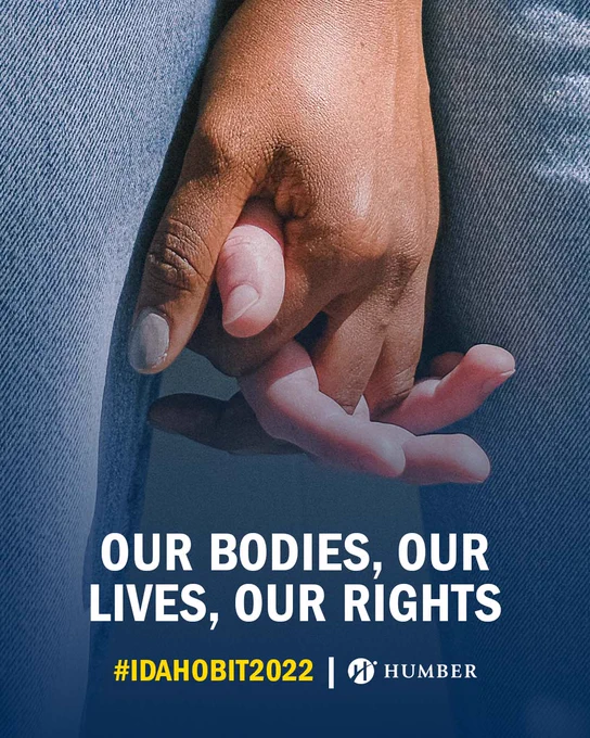 Two people holding hands with text that says, “Our Bodies, Our Lives, Our Rights.”