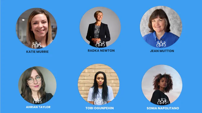 Blue background with 6 circle frames, 3 on the top and 3 on the bottom, with photos of the EduJam committee and hosts for the weekend. Top left to right is Katie Murrie, Radka Newton and Jean Mutton. Bottom left to right is Ahrian Taylor, Tobi Ogunpehin, Sonia Napolitano