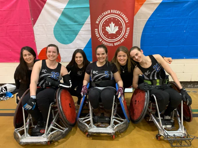 BC's Wonder Women of Wheelchair Rugby pose for a photo at the gym. 
Back row from left to right: Executive Director Gail Hamamoto, Program Manager Jackie Patatas and Coach Kendra Todd
Front Row in rugby chairs: Julia Hanes, Jessica Kruger and Tiana Hesmert