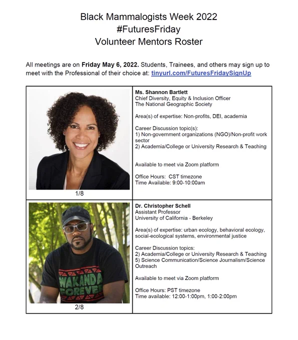 #FuturesFriday volunteer mentors roster, which includes images of the mentors on the left, and descriptions of the mentors, their expertise, and their office hours on the right. All on white background.