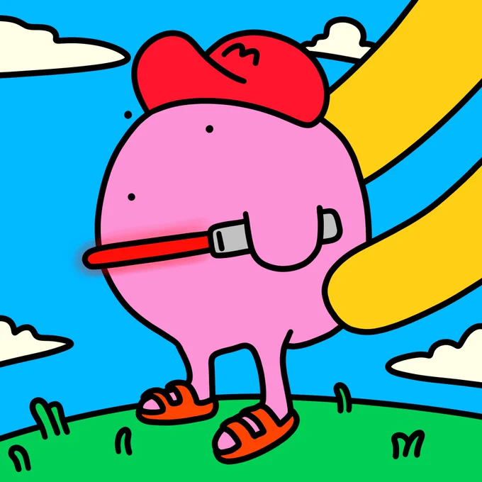 pink character mems nft, wearing red hat and red sandals. they are standing in a green field holding a red light saber. 