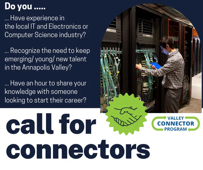 "Call for Connectors" Outlining criteria and features an image of a man working on a computer electronic panel.