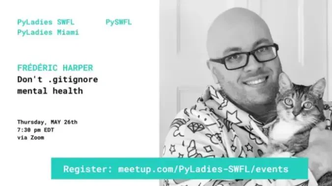 a promotion image for the talk with the information available on meetup and a picture of me