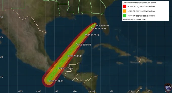 A map of the Gulf of Mexico with the planned path of the Crew-2 Dragon capsule's splashdown off the coast of Florida highlighted in green, orange, and red. 