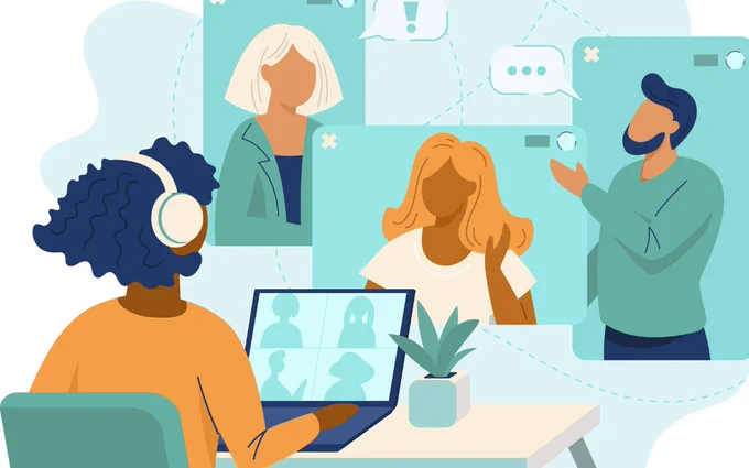 Illustration shows a person using a laptop and video conferencing. There are three people in the background of the illustration through various screens.
