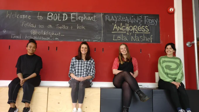A photograph of the cast and creative team of ANCHORESS. From left to right: Mae Munuo, Natasha Rickman, Leila Nashef and Annabel Terry