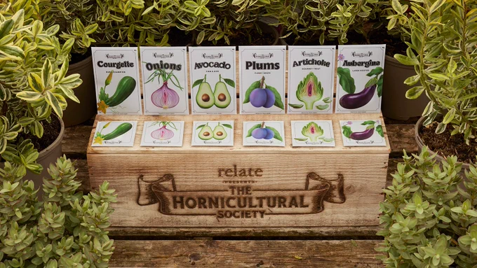 Veggie-themed condoms, designed like seed packets, are all lined up on a box reading 'Relate 'The Hornicultural Society'. The packets include:  a courgette, onions, avocado, plums, artichoke and aubergines. The box is surrounded by plants on either side. 