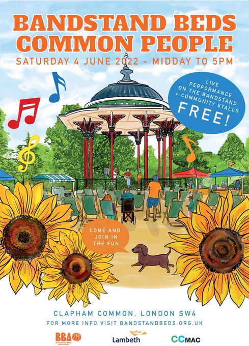 Flyer with colourful illustration of the Clapham Common bandstand with title, ‘Bandstand Beds Common People, Saturday 4th June.’