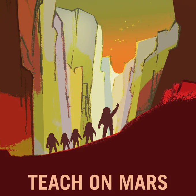 Graphic of five explorers on Mars. Text says "Teach on Mars"