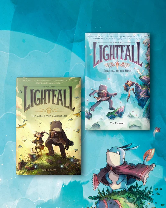Ligthfall: The Girl and the Galdurian and Lightfall: Shadow of the Bird against a waterfall background. A mysterious blue wizard creature gazes up at them.