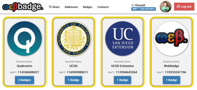 Badges view displaying various badges.