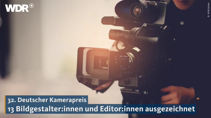 Bild einer Filmkamera. Text: 32. Deutscher Kamerapreis. 13 Bildgestalter:innen und Editor:innen ausgezeichnet.
