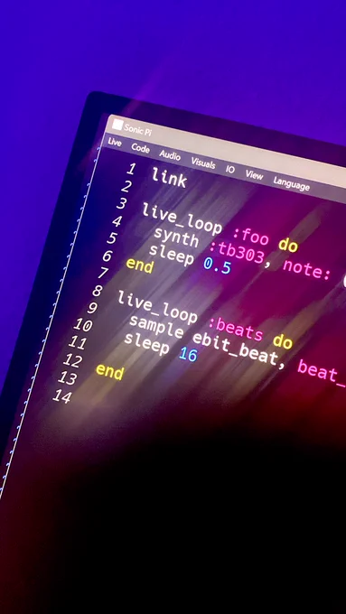 Screen shot of some simple sonic pi code prefixed with the new function link.