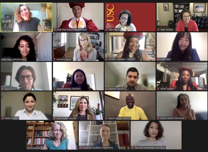 Zoom celebration with the Rossier PhD program's 2022 graduates and faculty chairs!