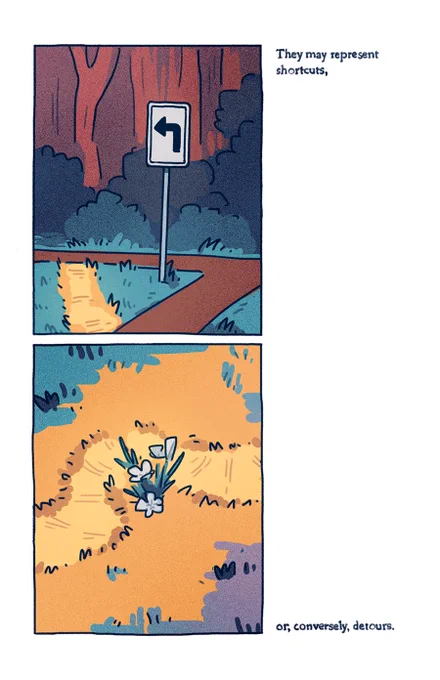 Text: "They may represent shortcuts" Image: The intersection of two paved trails with a detour sign between. Grass is flattened from where pedestrians cut the corner.

Image: A flattened grass path with a bend to avoid a small stand of flowers. Text: "or, conversely, detours" 