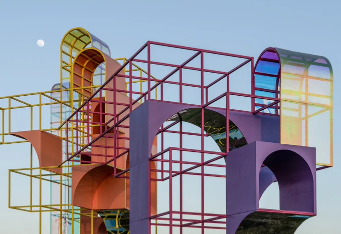 A closeup on the colorful forms of the playground at Coachella, designed by Architensions